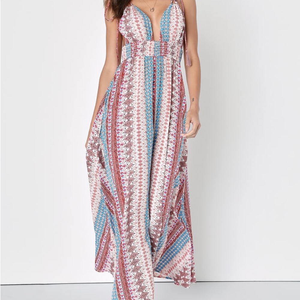 Lulu’s Maxin' Relaxin' Blue Multi Print Sleeveless Tie-Strap Maxi Dress
